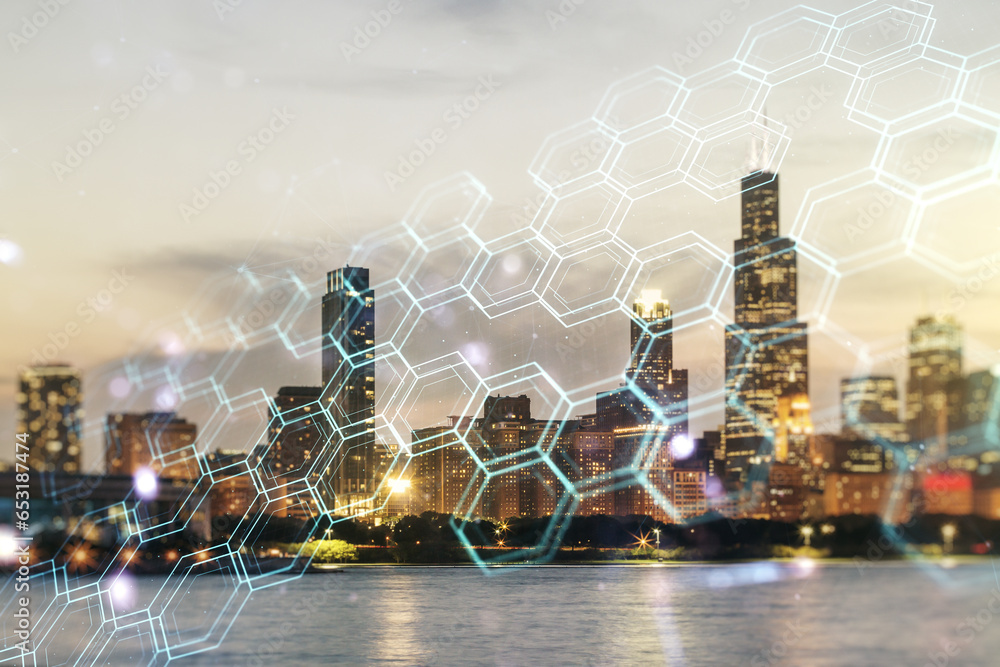 Poster abstract virtual wireless technology hologram with hexagon on chicago skyline background. big data a