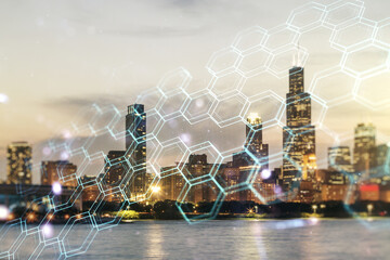 Abstract virtual wireless technology hologram with hexagon on Chicago skyline background. Big data...