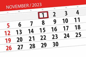 Calendar 2023, deadline, day, month, page, organizer, date, November, wednesday, number 1