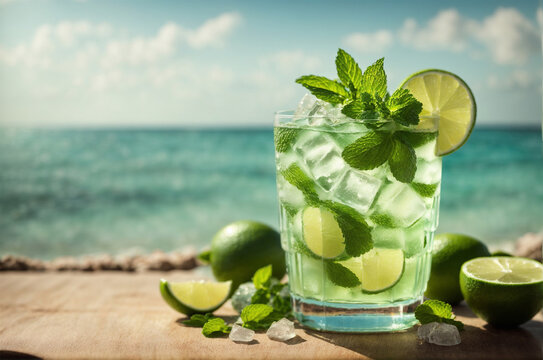 A mojito drink in a glass glass on a gorgeous beach by the ocean in the hot summer. AI generation.