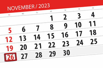 Calendar 2023, deadline, day, month, page, organizer, date, November, sunday, number 26
