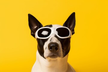 bull terrier wear cool trendy sun glasses againt on yellow background studio shot