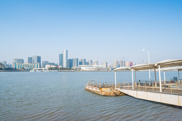 Container ship on river harbor, Shanghai, China