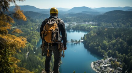 Ausgerüsteter Bergsteiger mit Klettergurt und Rucksack steht an einer Kante vor einer Bergkulisse mit See an einem schönen Sommertag - obrazy, fototapety, plakaty