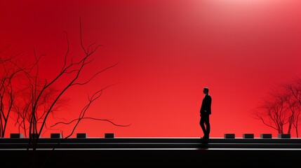 Schwarze Silhouette eines Menschen auf einem Steg, in einer roten künstlichen stilisierten Welt - obrazy, fototapety, plakaty