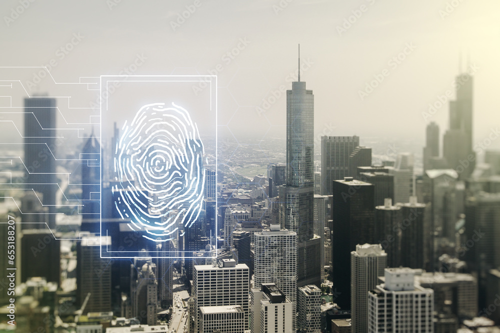 Aufkleber Multi exposure of virtual graphic fingerprint sketch on Chicago cityscape background fingerprint scan data concept
