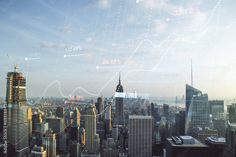 Poster Multi exposure of abstract statistics data hologram interface on Manhattan office buildings background, computing and analytics concept