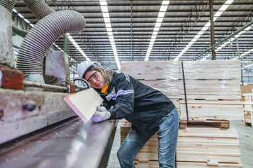 Fototapeta premium Wood turning operator ensures precision, quality to meet industry standards and customer requirement