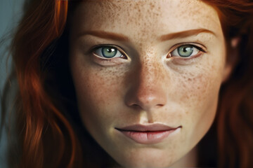 Fototapeta premium Freckles Woman portrait. Close-up. Beautiful dark red haired girl with freckles is looking to camera with blue city background,ai generate