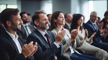 Happy colleagues applauding while sitting in conference event at convention center business people sit together in convention hall listen seminar success clapping happiness,ai generate