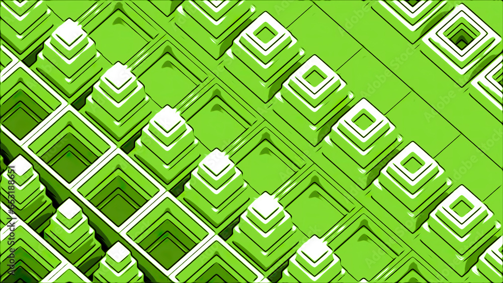 Poster orange and green squares in animation. design. large squares rising and falling in different directi