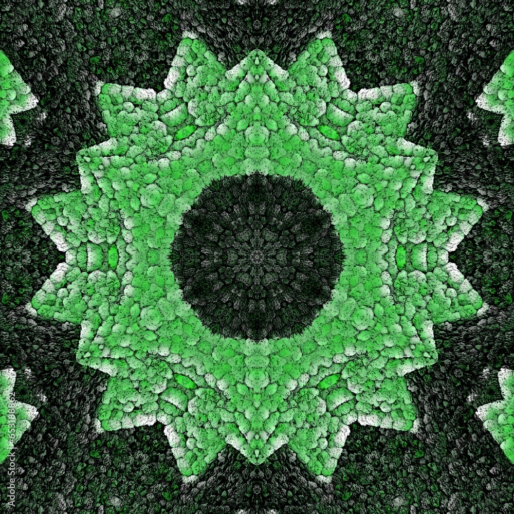 Poster shades of bright green and grey arrowed exploding design on a black background in circular style