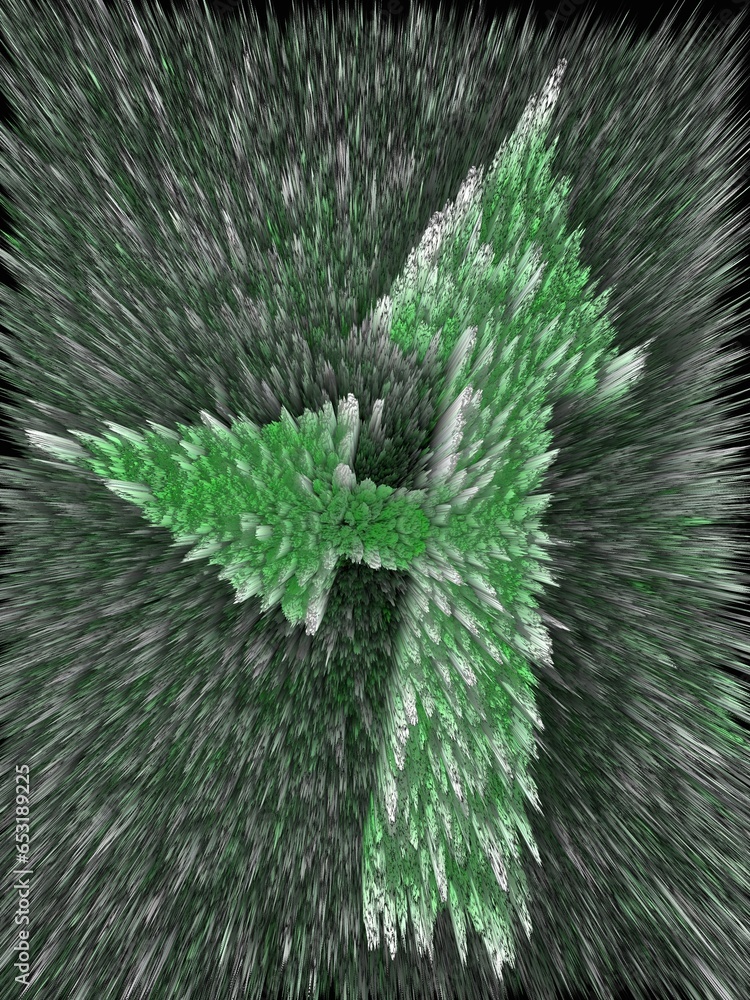 Poster shades of bright green and grey particle exploding design on a black background