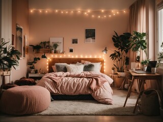 living room with a sofa with christmas lights