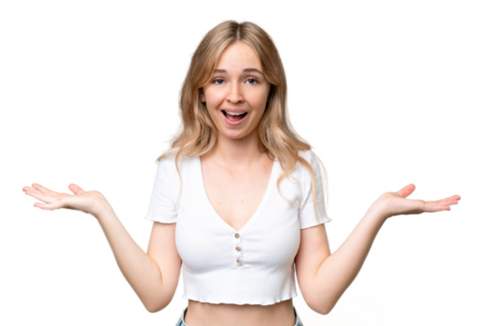 Young English woman over isolated background with shocked facial expression
