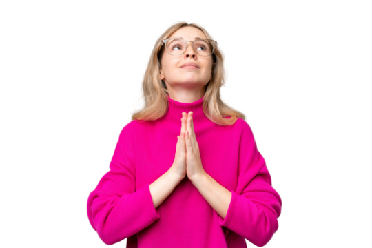 Young English woman over isolated background keeps palm together. Person asks for something