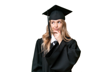 Young university English graduate woman over isolated background having doubts and with confuse face expression