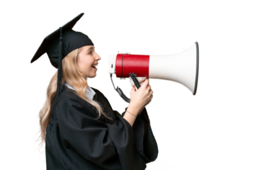 Young university English graduate woman over isolated background shouting through a megaphone