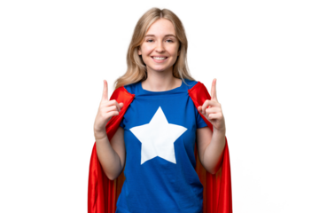 Super Hero English woman over isolated background pointing up a great idea