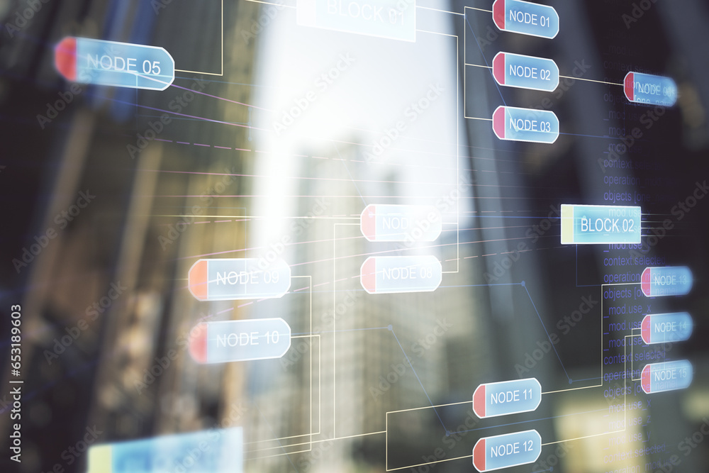 Leinwandbilder double exposure of abstract programming language interface on modern skyscrapers background, researc