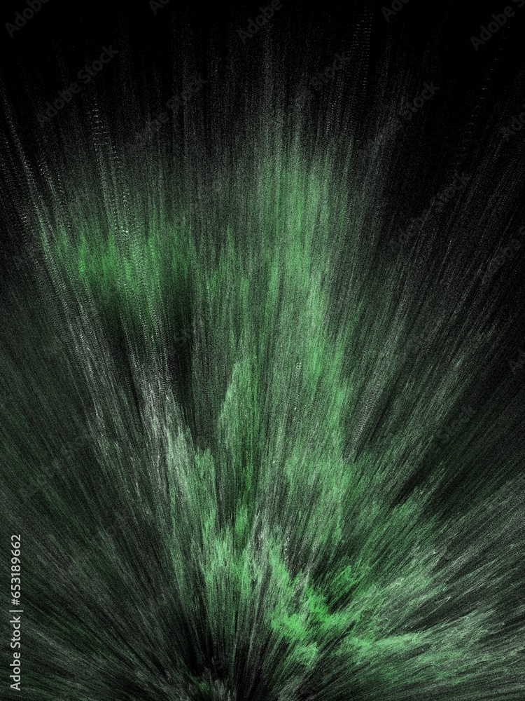 Poster shades of bright green and grey particle exploding design on a black background