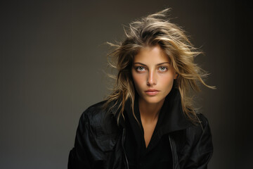 portrait studio d'une jeune femme blonde 20-30 ans en veste noir - obrazy, fototapety, plakaty