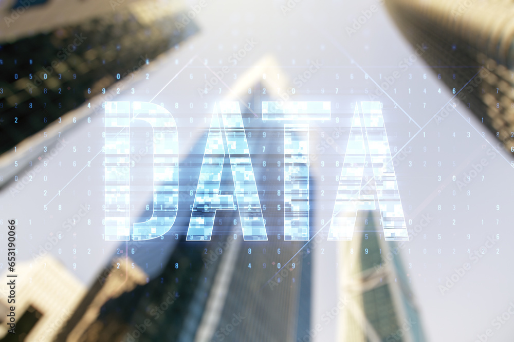 Aufkleber data word hologram on blurry cityscape background, big data and blockchain concept. multiexposure