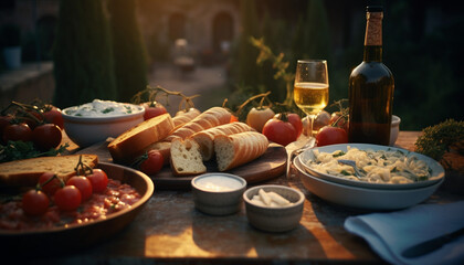 a table with dishes of Italian cuisine, olive oil, bread, pasta, red wine, tomatoes, mozzarella, warm lights, in an outdoor table in the hills of Umbria in San Giminiano, Italy