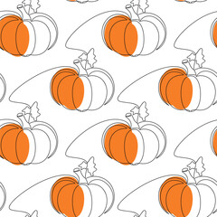 Pumpkin seamless pattern vector. Halloween greeting card. Hand drawn outline doodle background. Graphic cartoon print, banner, holiday poster, carnival party invitation. Autumn seasonal illustration.