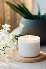 Fototapeta na wymiar Luxury lighting aromatic scented glass candle display on the grey table in the white bedroom