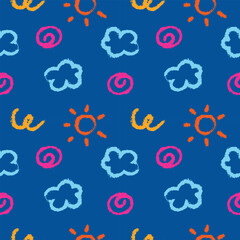 Sun and cloud hand drawn paintbrush seamless pattern background for wrapping, illustration, print, wallpaper