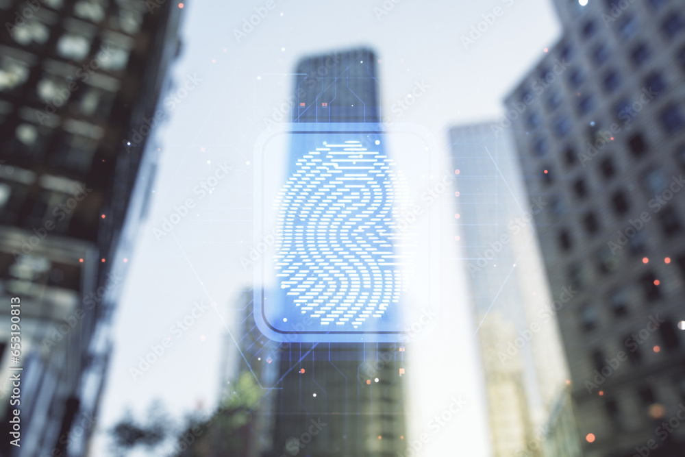 Poster Abstract virtual fingerprint illustration on modern architecture background, personal biometric data concept. Multiexposure