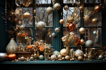 Fototapeta na wymiar Studio window featuring a symmetrical arrangement of holiday balls, creating a balanced composition, Generative AI 