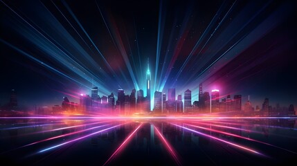 neon line city skyline colorfull background with rays,futuristic background
