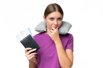 Young beautiful blonde woman with Inflatable travel Pillow over isolated background thinking