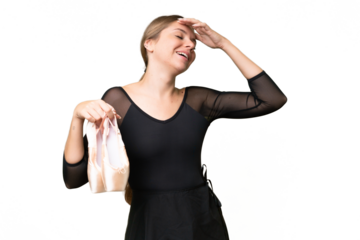 Young beautiful blonde woman practicing ballet over isolated background smiling a lot