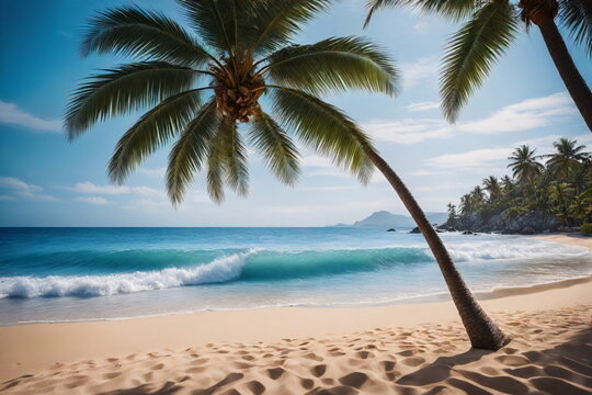 Sonniger tropischer Strand mit Wellen und Palmen, blauem Himmel und Wolken.