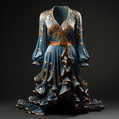 Studio shot of dark blue dress of elegant luxurious woman