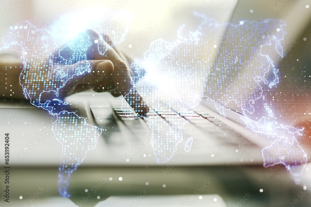 Poster multi exposure of abstract graphic world map and hands typing on computer keyboard on background, co