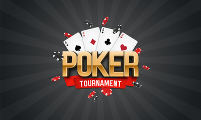 Poker tournament banner. Casino logo with playing cards and chips. Vector illustration. - obrazy, fototapety, plakaty