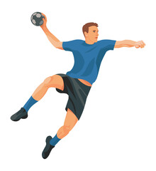 Handball player in a blue sports uniform jumped high to throw the ball