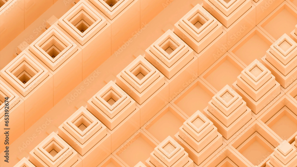 Poster white and orange squares. design. small geometric shapes made in computer graphics that grow and the