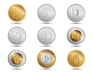 Set of Hungary coin, isolated in white background. Vector illustration.
