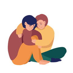 Hand painted calm young women sitting peacefully and hugging. Concept of mental health, support and mindfulness. Colored flat vector illustration isolated on simple background.
