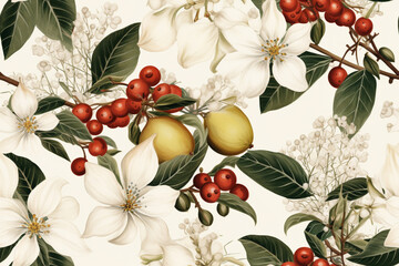 Christmas seamless pattern, orange blossom, fruits, hellebore flowers, red berries, white background