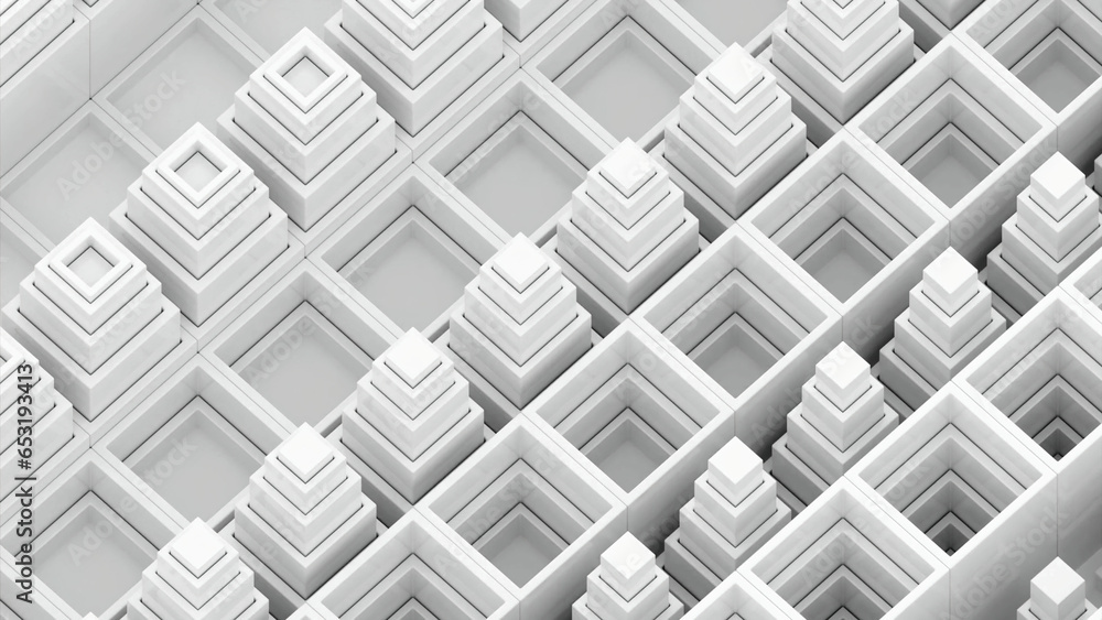 Poster white and orange squares. design. small geometric shapes made in computer graphics that grow and the