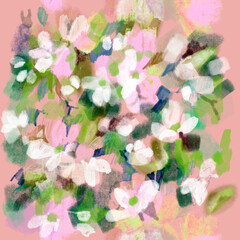 Spring floral hand drawn background Delicate pastel washed blurred apple tree flowers