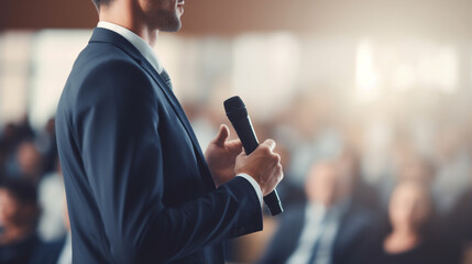 A speaker delivering a dynamic presentation on stage at a business conference, Business conference, blurred background, with copy space - obrazy, fototapety, plakaty