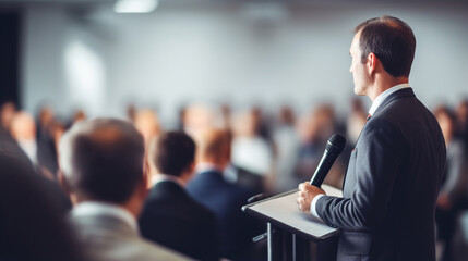 A speaker delivering a dynamic presentation on stage at a business conference, Business conference, blurred background, with copy space