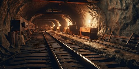 Fototapeta na wymiar Underground mining tunnel with rails